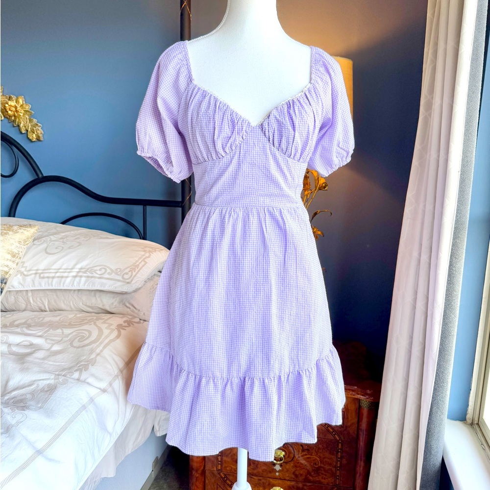 Little Mountain Purple Lilac Gingham Milkmaid Mini Dress
